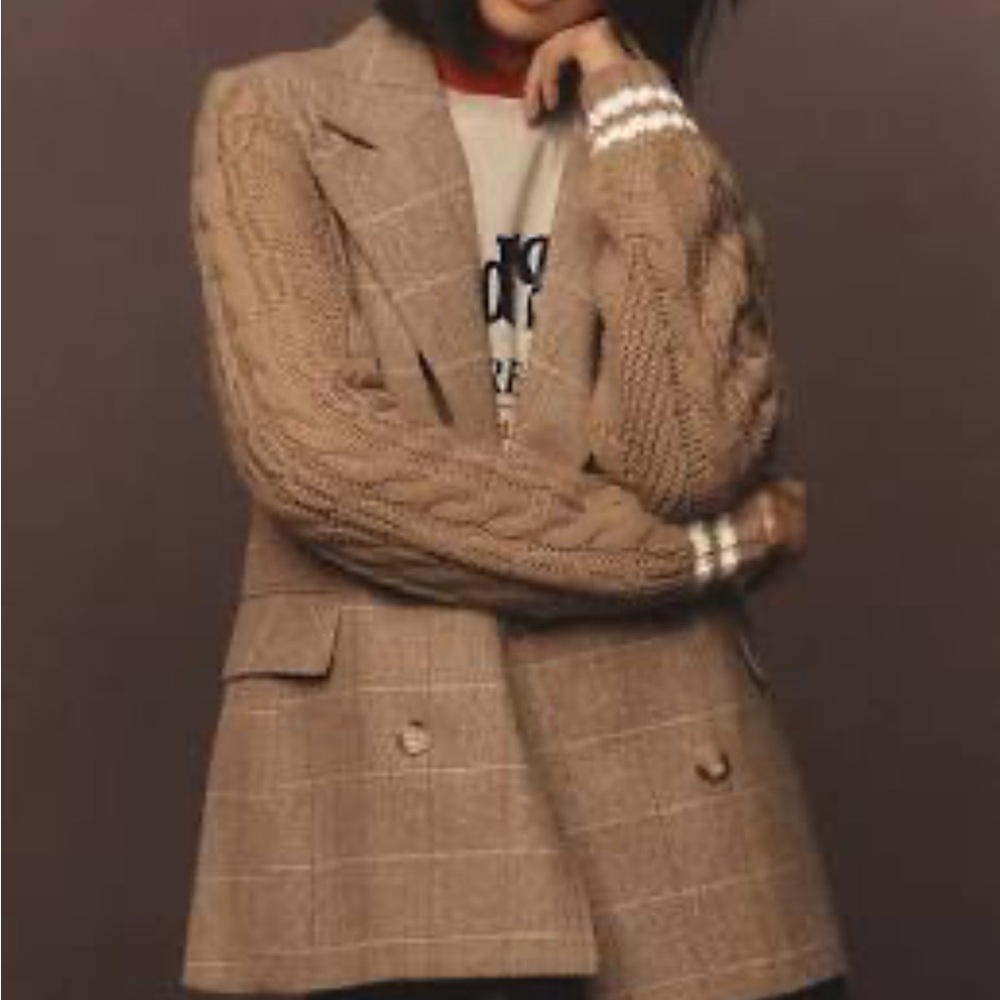 Avec Les Filles Brown Windowpane Plaid Blazer with Cable-Knit Sleeves